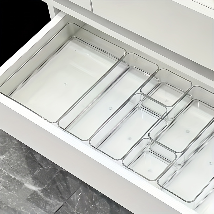 4/7/8pcs Transparent Drawer Makeup Storage Box Set, Plastic, Lightweight, Universal, Non-Electric, Independent, with Separated Compartments for Desk, for Makeup, Cosmetics, Office Supplies, Desk & Drawer Organizer for Home Storage