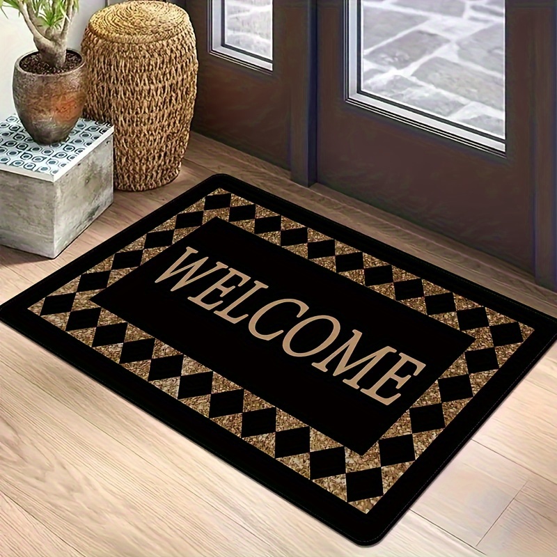 

Welcome Entry Door Mat With Plaid Letter Print - Non-slip, Washable Crystal Velvet Carpet For Laundry Room, Bathroom, Living Room, Leisure Area, Bedside Accessories, Home Decor - 1pc