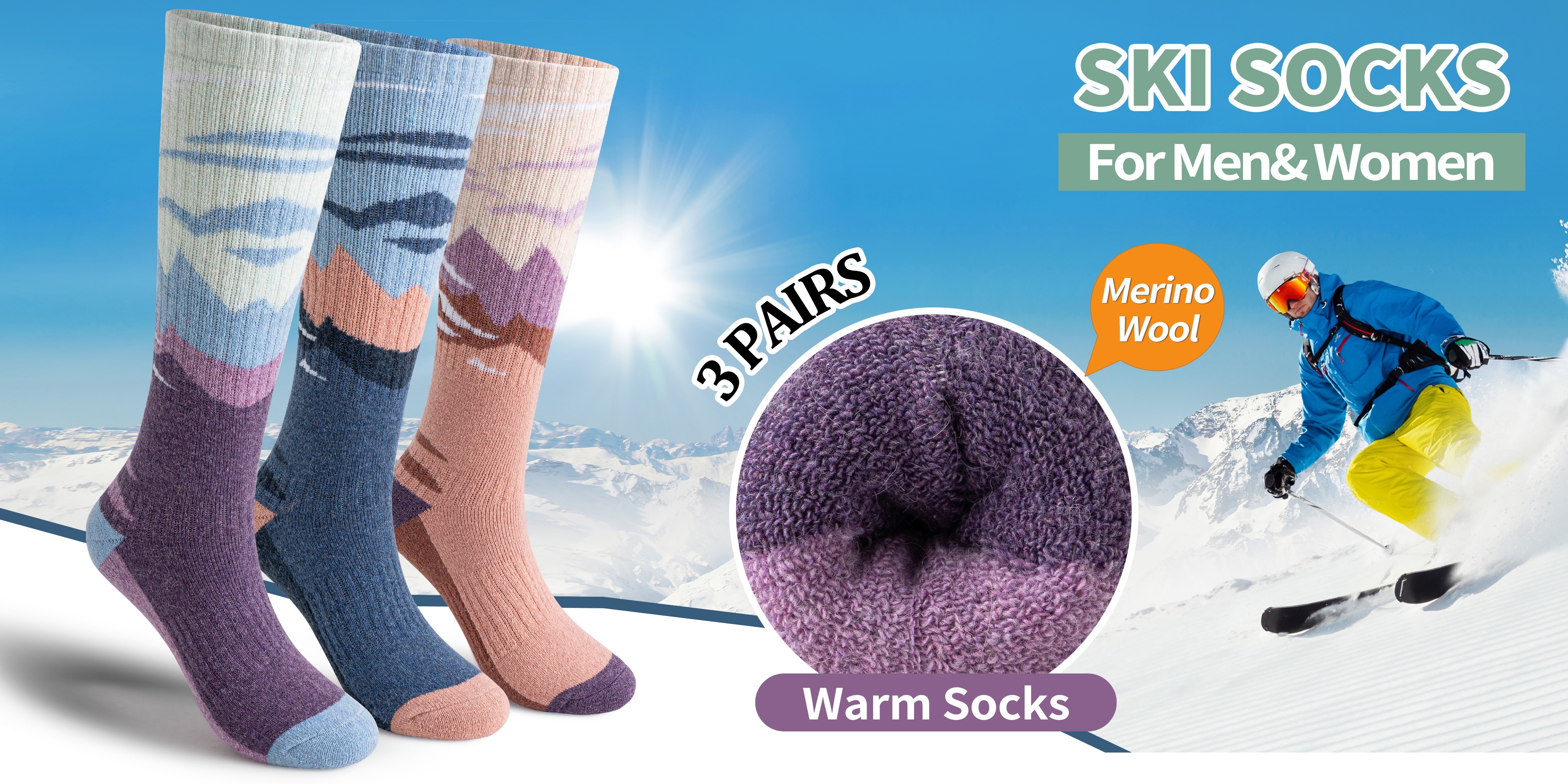 3 pairs wool wool ski socks for men and women thermal winter knee high knit fabric striped pattern machine washable 70 wool 23 polyester 5 spandex 2 0 nylon ideal for skiing snowboarding outdoor sports   stylish knit socks wool wool socks Product details 4