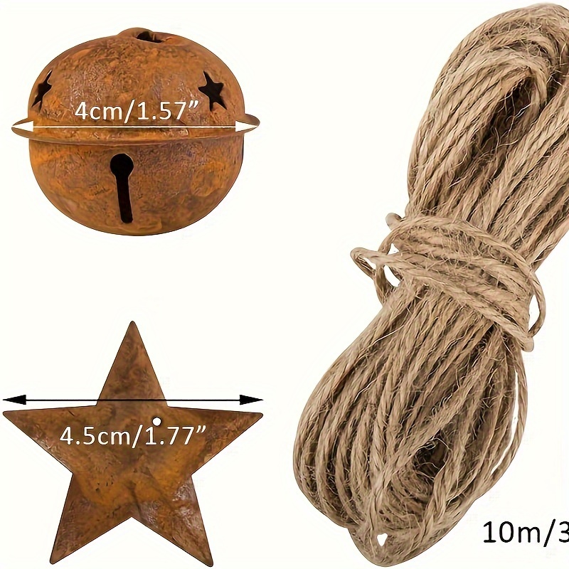 Image of 50pcs Of Christmas Rusty Bells And Bells And 1 Jute Metal Star Christmas Rusty Star With Holes And Rope For Christmas Tree Decoration Craft Supplies