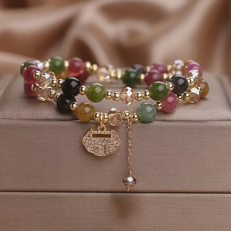 TEMU High-end Double Layer Rainbow Round Beads Bracelet, Bohemian Style Bracelet With Delicate Lock, Unique Jewelry For Women