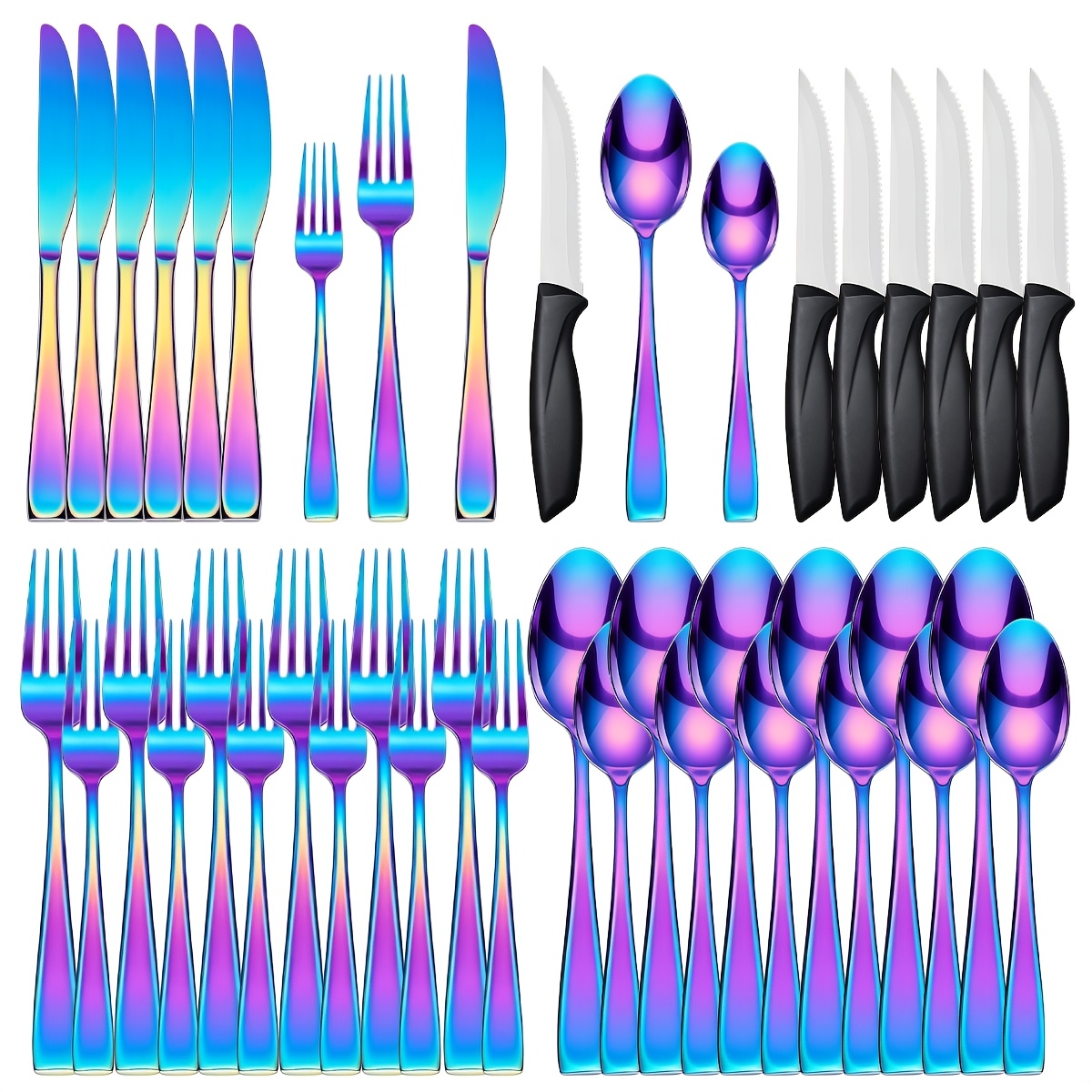 TEMU 36pcs Rainbow Iridescent Stainless Steel Flatware Set With Steak Knives, Service For 6, Mirror Polished Colorful Cutlery Set With Knives, Forks,