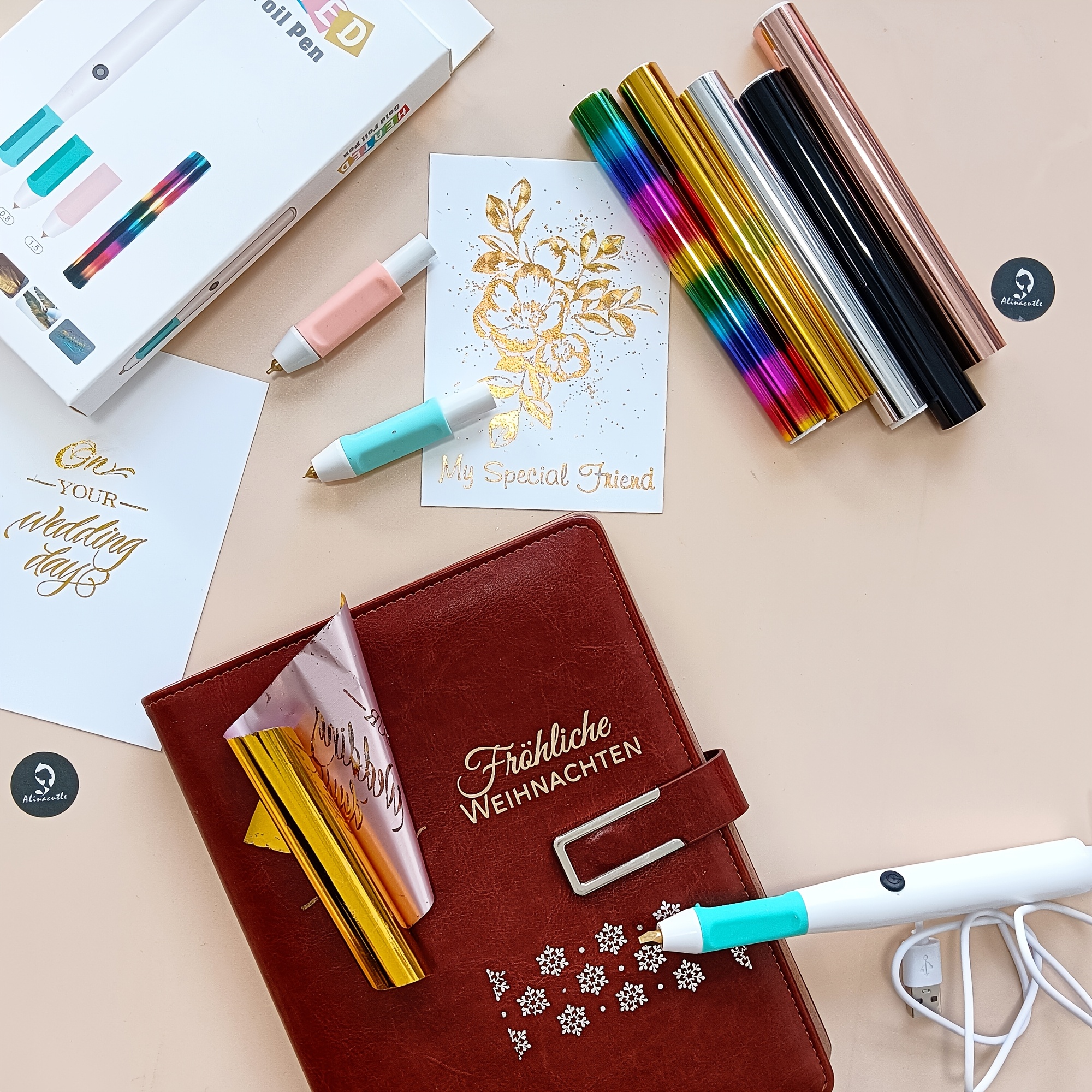 Alinacutle Set 3-Head Heated Hot Pen with 5pcs Hot Foil Rolls for DIY  Calligraphy, Greeting Cards, planners journals cards pages party favors 