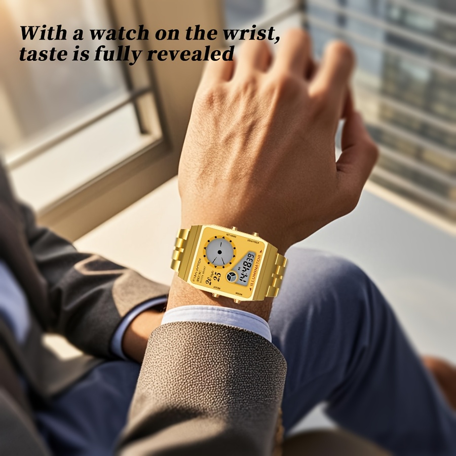 2025 sports watch 30  steel strap   alloy case   with stopwatch alarm clock rectangular dial multi function outdoor electronic movement sleek   for men and women watch details 6