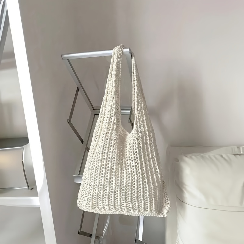 

Solid Color Knitted Mesh Tote Bag, Vintage Casual Handheld Large Capacity Shopping Bag, Portable Storage Bag