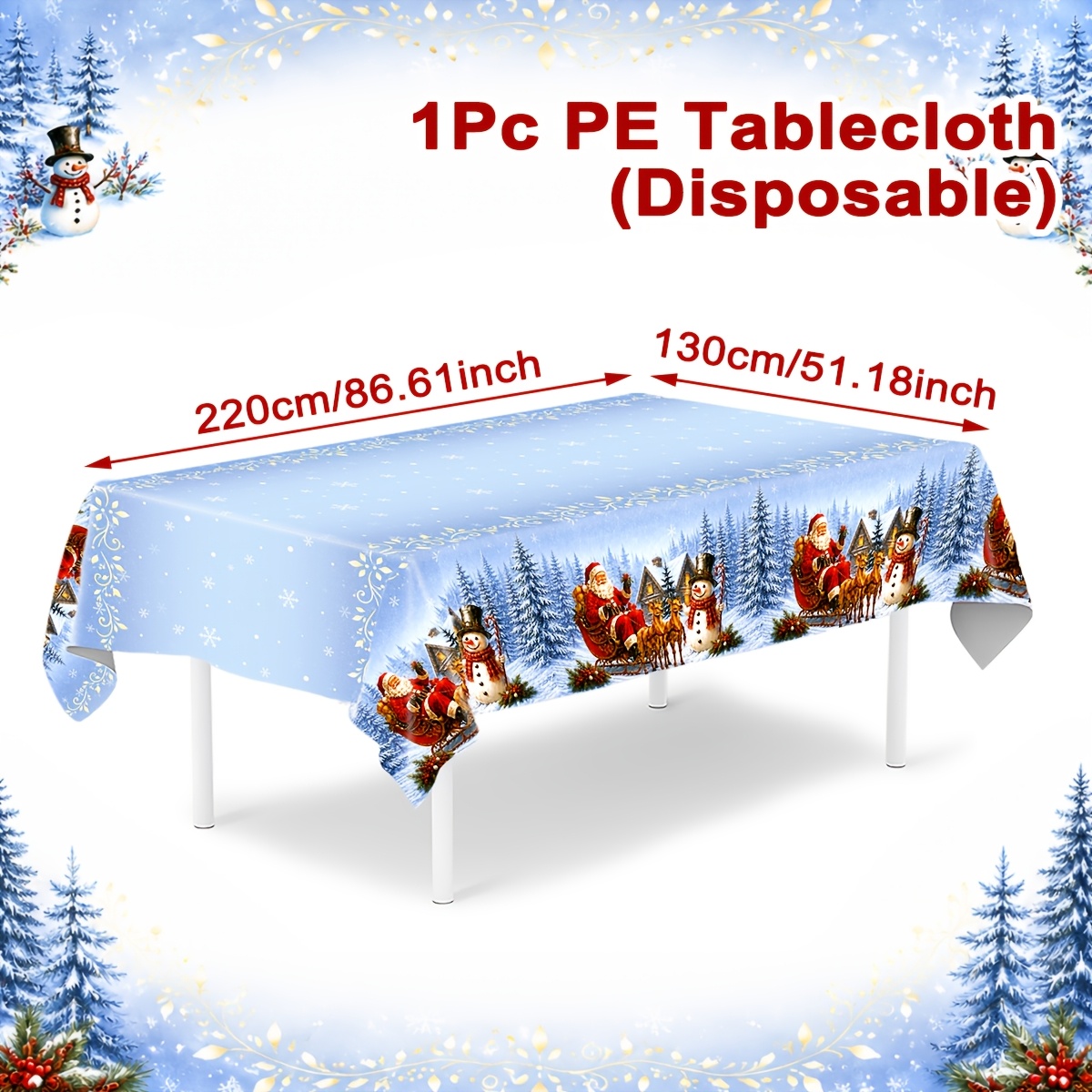 TEMU 1pc, Nappe jetable de Noël en PE, 130 X 220Cm, Nappe à motif de Père Noël et de neige bleu, Décoration de , Noël Natal Navidad, Fournitures de