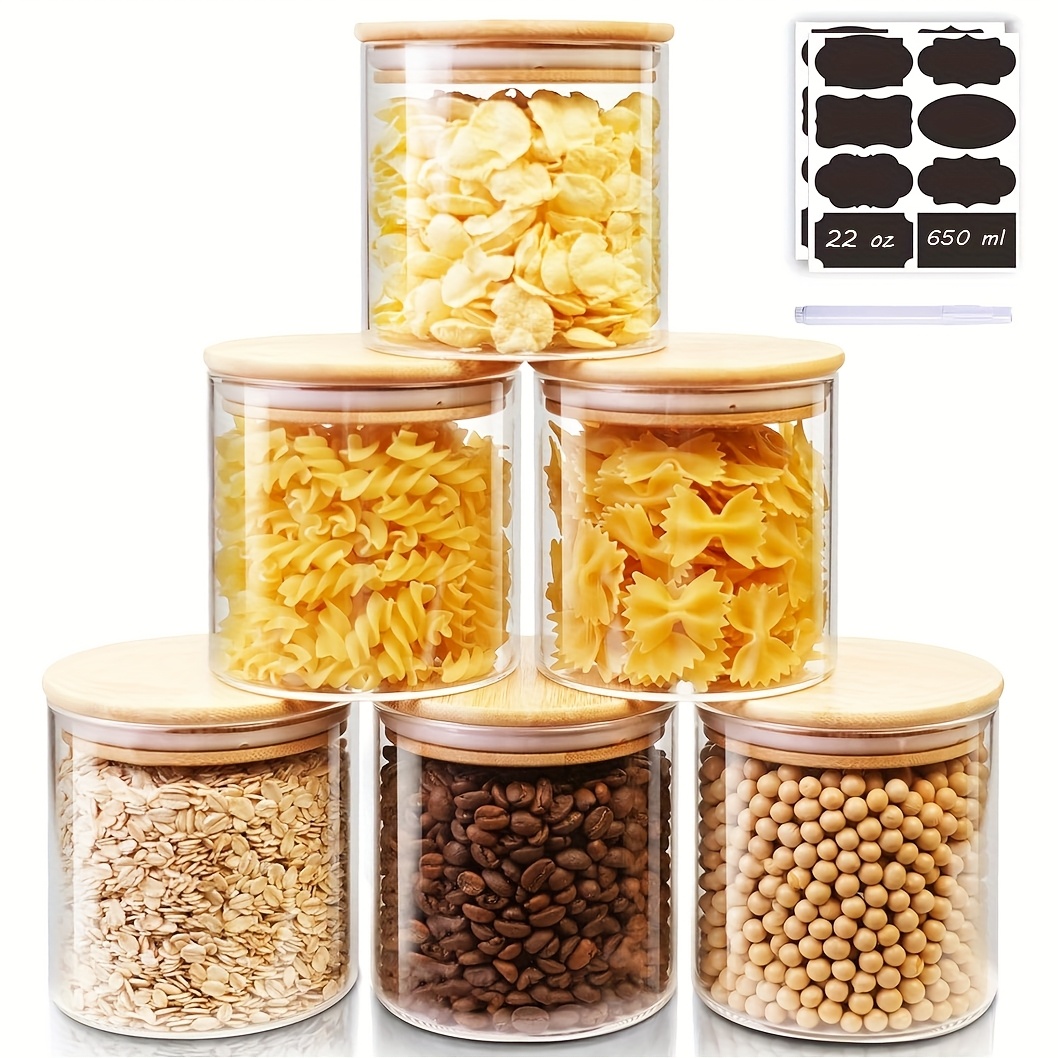 TEMU Set Of 6 Airtight Round Glass Jars With Bamboo , Glass Food Storage Jars Coffee, Tea, Sugar, Spices, Beans