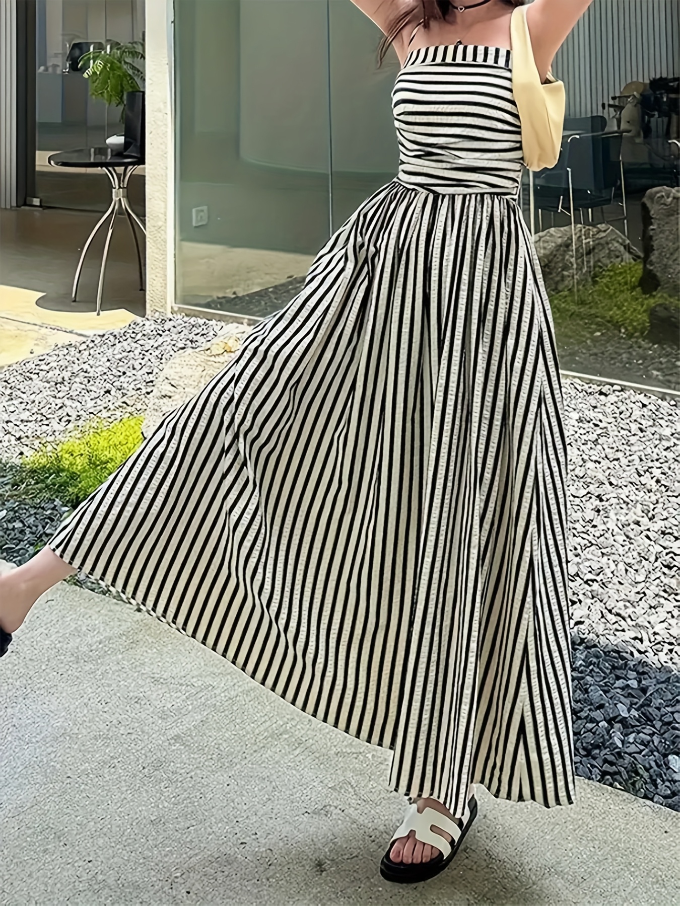 womens black white horizontal stripe maxi dress non stretchy - Temu Japan, image size:800x1067