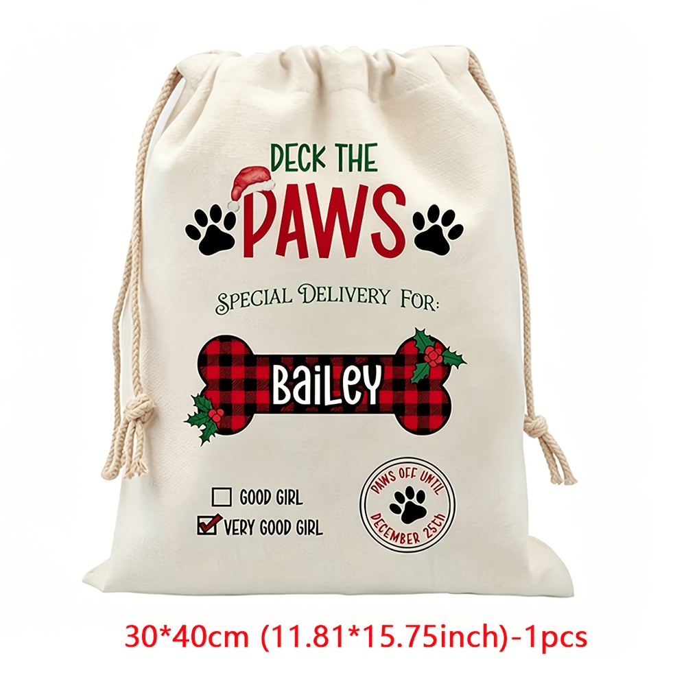TEMU Gift For Her/him Personalized Custom Pet Dog Boy Girl Name Red Green Check Paw Print Santa Claus Bag Merry Christmas Holiday New Year Gift Bag
