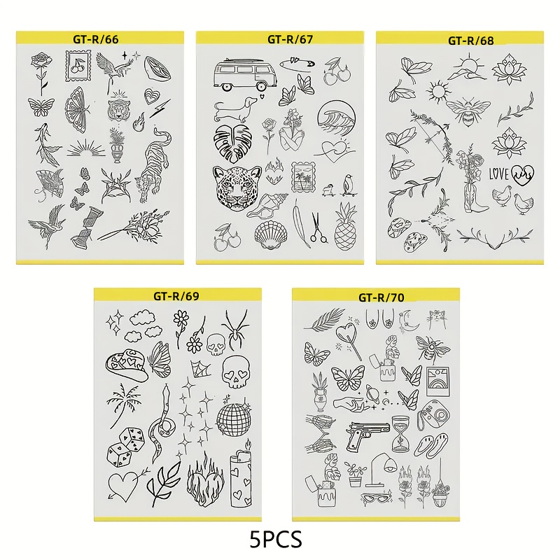 5pcs Gothic & Floral Tattoo Stencil Transfer Sheets with Intricate Line Art - Heart,  , Leaf, Vine, Dragonfly, Rose, Bat, Spider Web, Skull & Celtic Knot Designs - Precise GT-Style Numbered Guides for DIY Temporary & Permanent Tattooing (Easy Application, Reusable,  ) - Tattoo Machine Compatible -   5 Unique Patterns with Intricate Line Work for Detailed Body Art, Tattooing Supplies, Tattoo Supplies And Equipment, Tattoo Kit, Tattoo Accessoires,