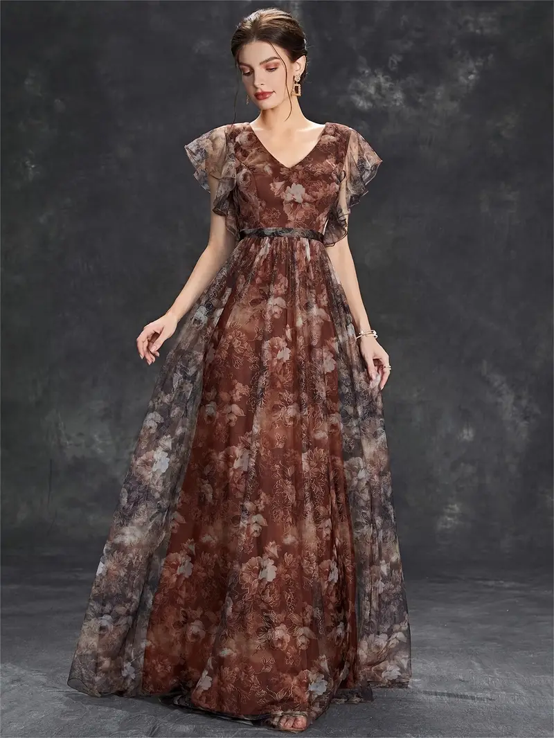 elegant womens deep v neck bridesmaid dress with short sleeves floral print lace trim satin mesh overlay ruffle hem a line long skirt weddings and formal events wedding guest attire floral print dress Product details 12