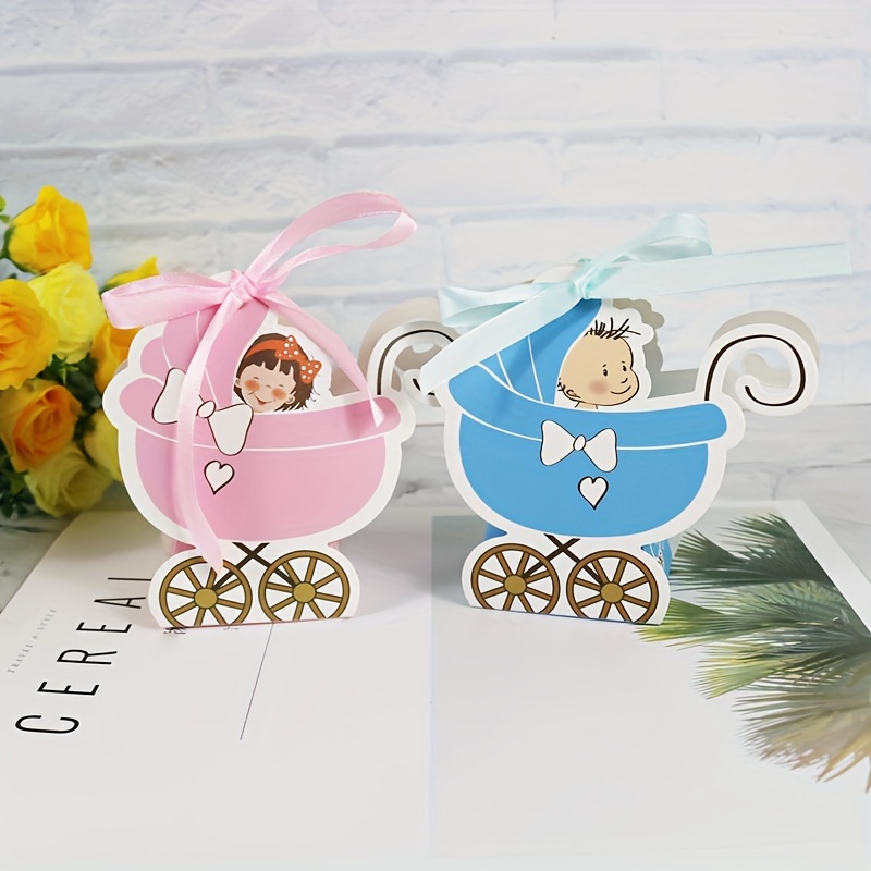 

Set Of 12 Cartoon Baby Carriage Candy Boxes With Ribbons - Baby Shower Favor Boxes For Gender Reveal, Baptism, Bridal Shower, Wedding, Holiday Celebrations Including Christmas, Easter, Halloween