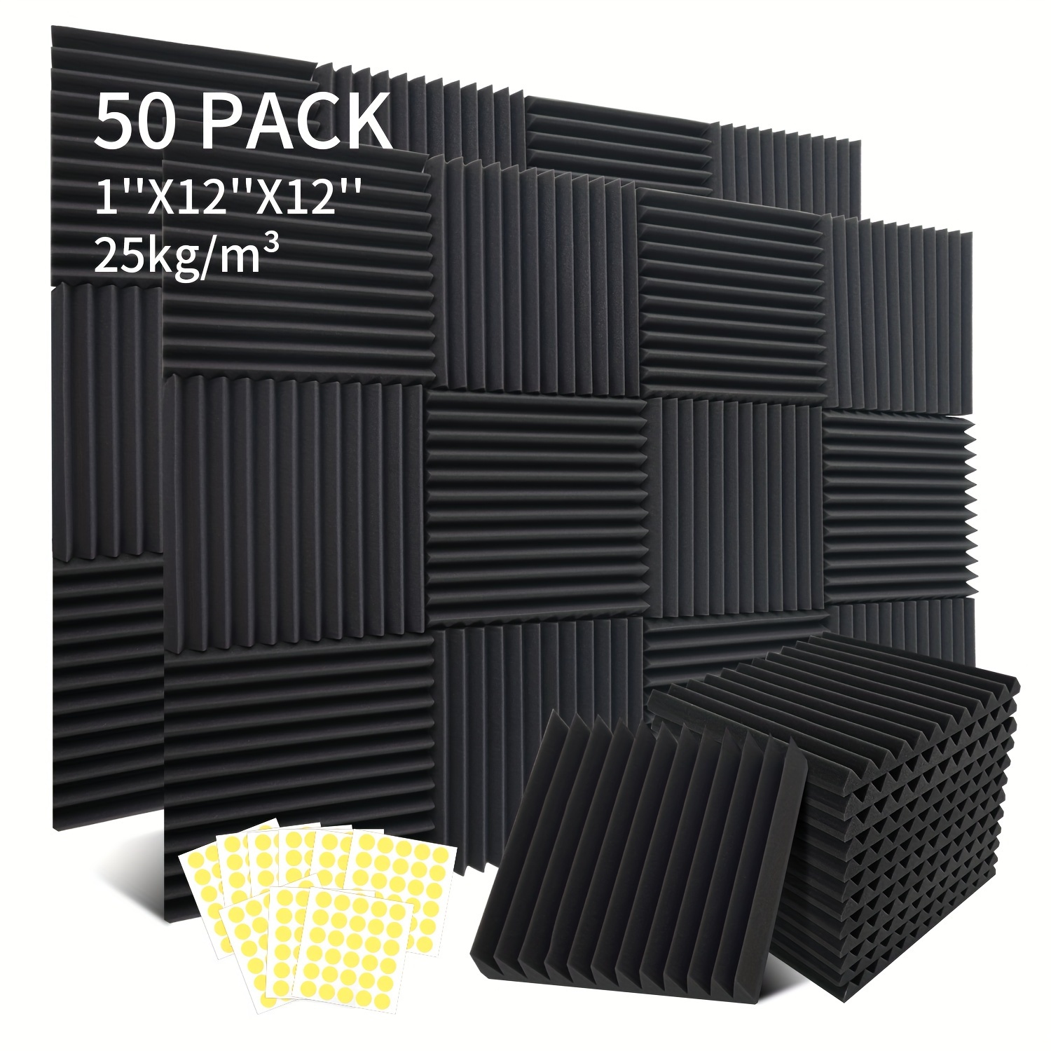 

50 Pack Acoustic Foam Panels 1" X 12" X 12" Sound Proof Foam Panles Soundproofing Noise Cancelling Wedge Panels For Home Office Recoding Studio With 270pcs Double-side Adhesive