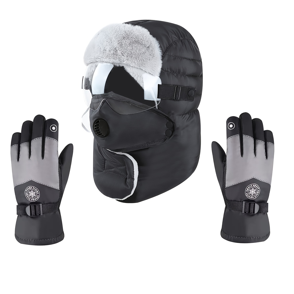 TEMU -in- Winter Thermal Hat With Earmuffs, Mask & Scarf - Plush Thick Suitable For , Skiing, Cycling, Outdoor Activities - Warm Ear Protection, Gloves & Snow Socks (,)