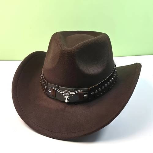 1pc vintage inspired wide brim cowboy hat with silvery belt windproof festive occasions western cowboy female cowboy hat with belt felt soft hat