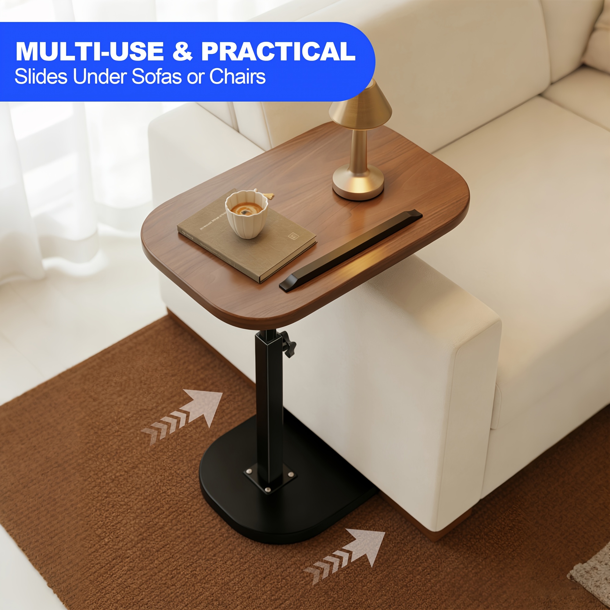 TEMU Table d'appoint en de C avec roulettes, table d'appoint mobile à hauteur réglable, bureau pliant pour ordinateur portable pour lit canapé,