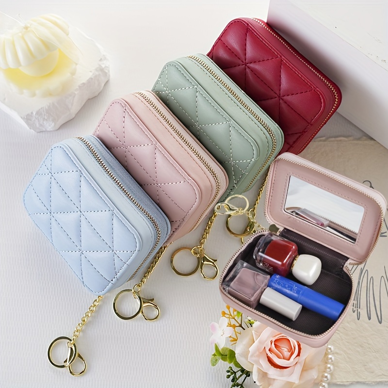 

1pc Mini Faux Leather Diamond Quilted Cosmetic Bag With Mirror, Portable Travel Makeup Pouch For Lipstick, Nail Polish, Perfume, Blotting Papers, Keychain Zipper Case, Budget-friendly