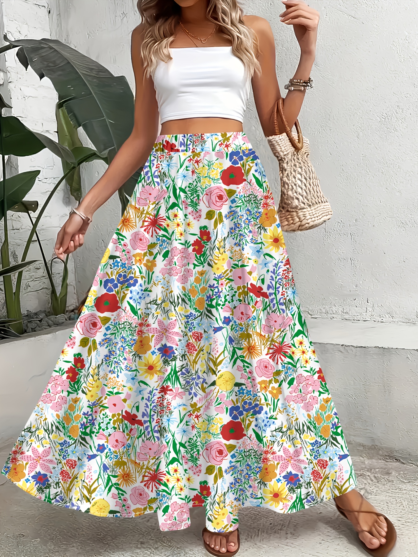 Women'S Floral Print Maxi Skirt Vibrant Multicolor Tropical Flowy  A-Line Silhouette Versatile Skirt for Casual Formal O