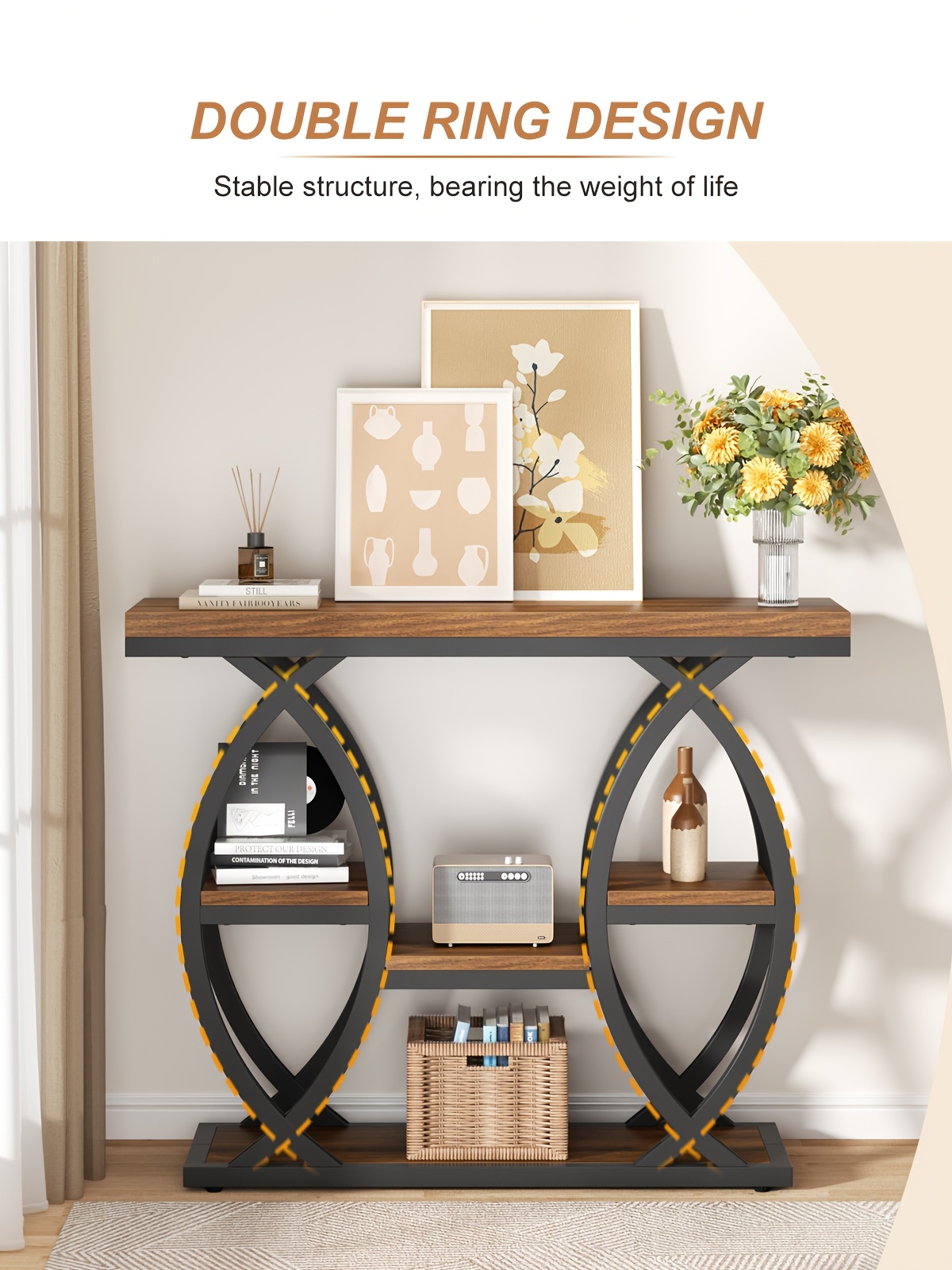 39-Inch Holiday-Themed Console Table, 4-Tier Sofa Side Table with Storage Shelves, Narrow Wood And Metal Frame Decorative Table, Suitable for Small Spaces, Hallway, Entryway, And Christmas