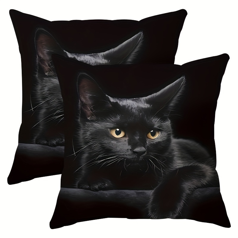 2d Flat - 2pcs Throw Pillow Covers - Cute Black Cat 2d Flat Print | 17.7 Inch Animal Themed Decor Pillow Covers | Cushion Case Decoration For Bedroom, Living Room