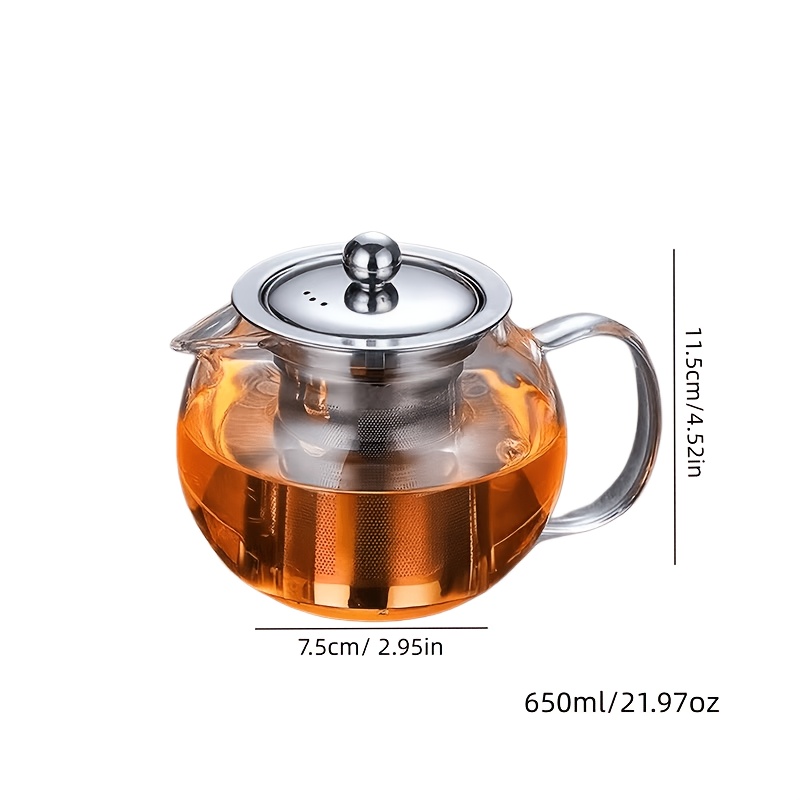 TEMU 650ml Teapot, Made Of High Borosilicate Glass With A Detachable Stainless Steel Tea Infuser For Tea-water . The Rounded Body And Smooth Spout