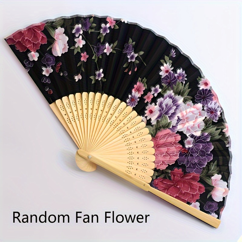 Image of Random Fan Flower, Floral Folding Hand Fan Japanese Vintage Folding Fan Chinese Retro Style Hand Fan With Wooden Ribs Decor Fan For Dancing Wedding Party