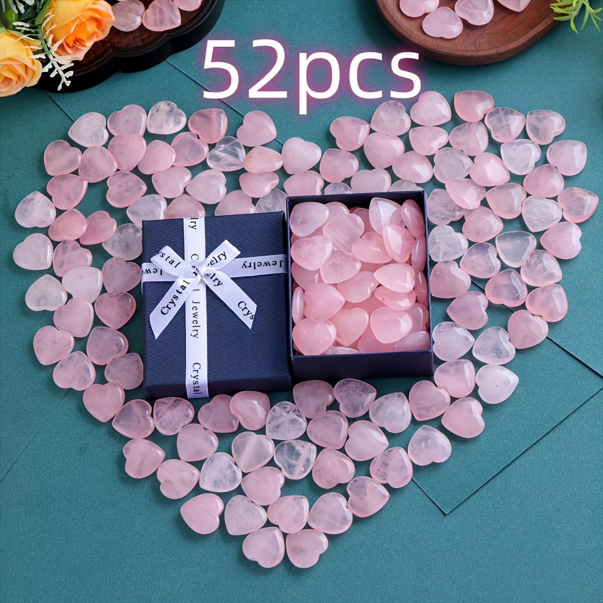 TEMU 52pcs A Set Of Exquisite Quartz Heart-shaped Mini Ornaments, Pocket-protected Pink Crystal Women's Jewelry , A Gift For The Dearest One, An