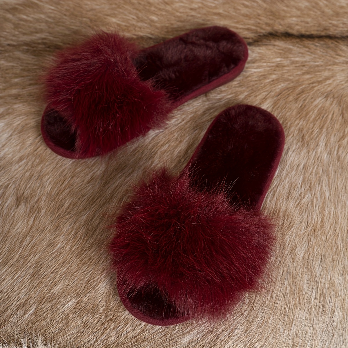 New Winter Women's Fluffy Slippers, Fashionable And Comfortable One-strap Flat Open-toe House Slides, Soft-soled Indoor Women's Slippers, Women Shoes