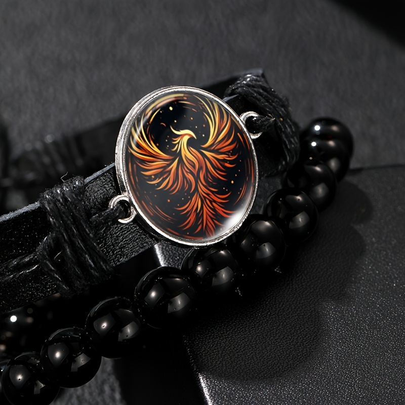 TEMU 2pcs Fashionable Fire Phoenix Pattern Adjustable Black Rope Bracelet Men's Jewelry Gifts
