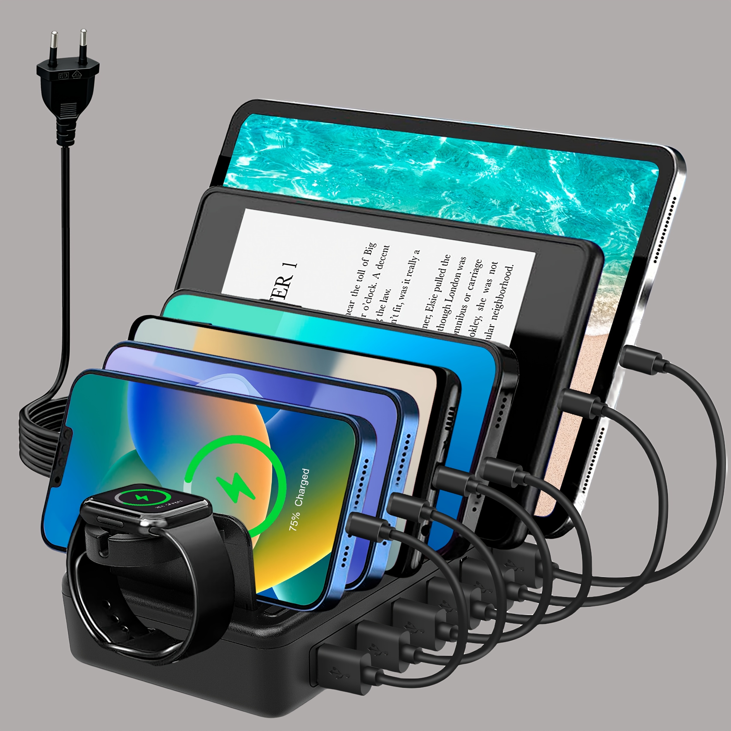 Image of Fast Charging Station For Multiple Devices, 50w 6-ports Usb Charging Station With10-slot, Detachable Dividers, Watch Holder, Compatible With Phone/ipad//tablet (6 Short Cables Included) Black