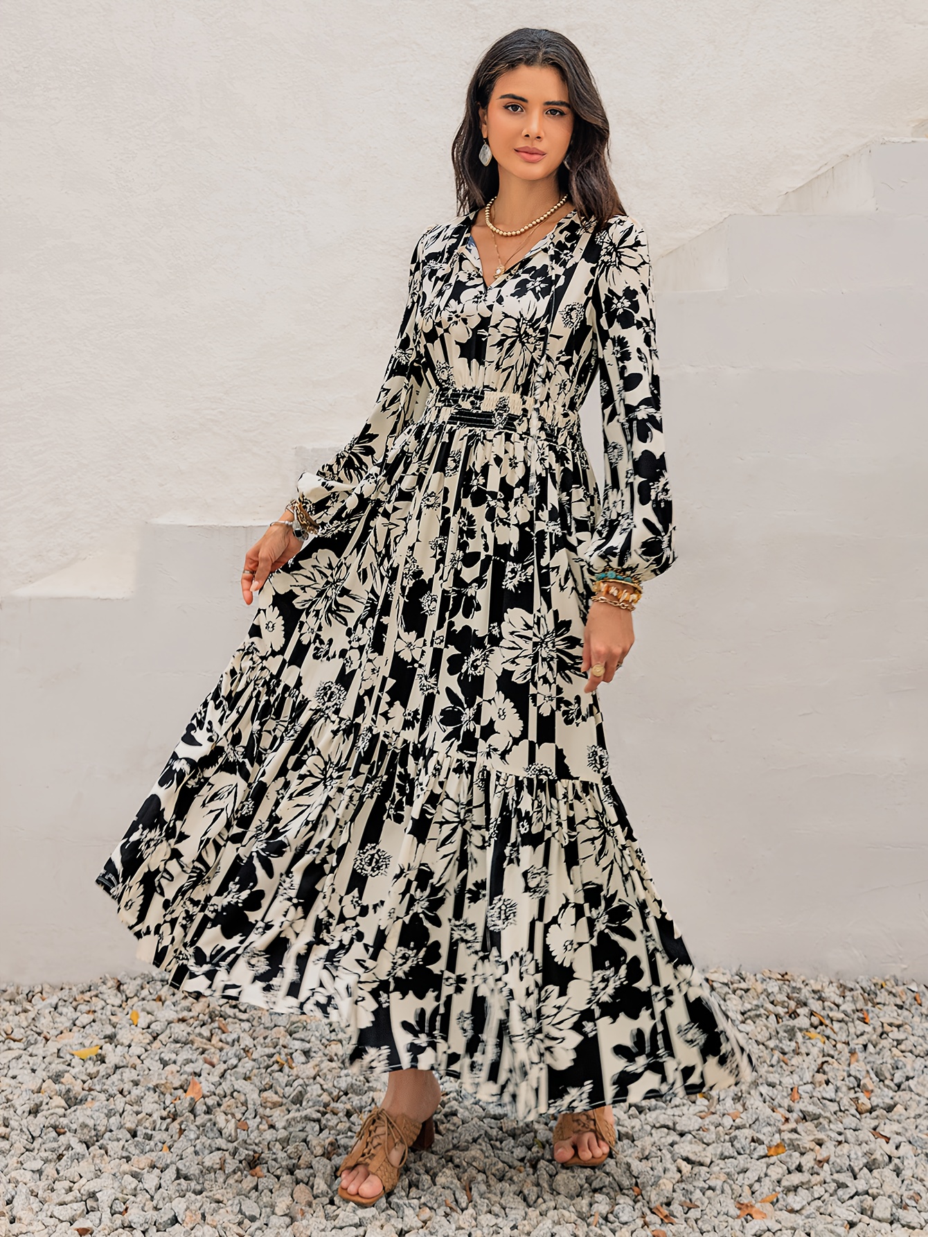 An Elegant Long-Sleeve V-Neck Dress for Women * Casual * Or Vacations *  Suitable for New Year Music Festival Events