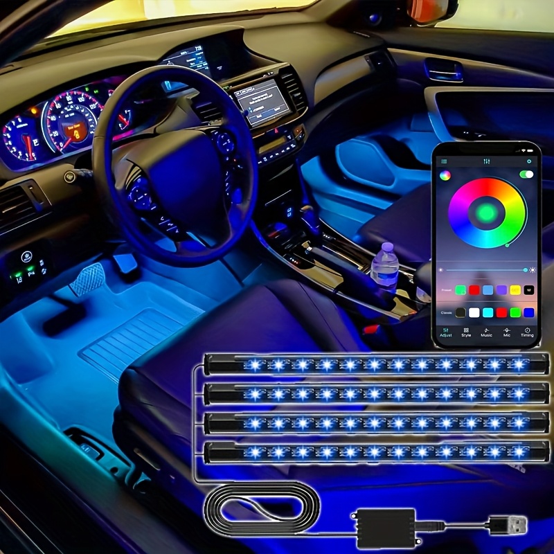 4-in-1 Car Led Strip Light, 53 Leds Rgb Car Interior Ambient Lights Under Dash Lighting Kit With Change And Usb Port, Wireless Control, Neon Car Atmosphere Decorative Lights Additions