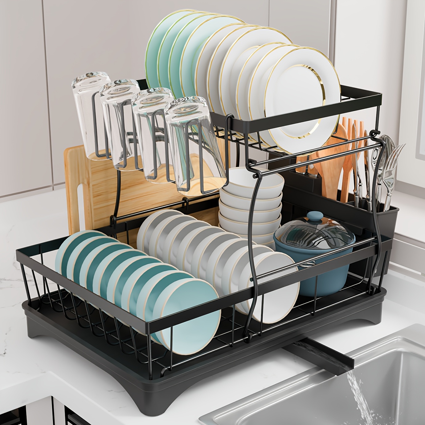 TEMU 2-tier Dish Drying Rack With , Large Capacity Kitchen Countertop Dish Organizer With Utensil Holder, Cup And Cutting Board Rack, Rustproof Metal