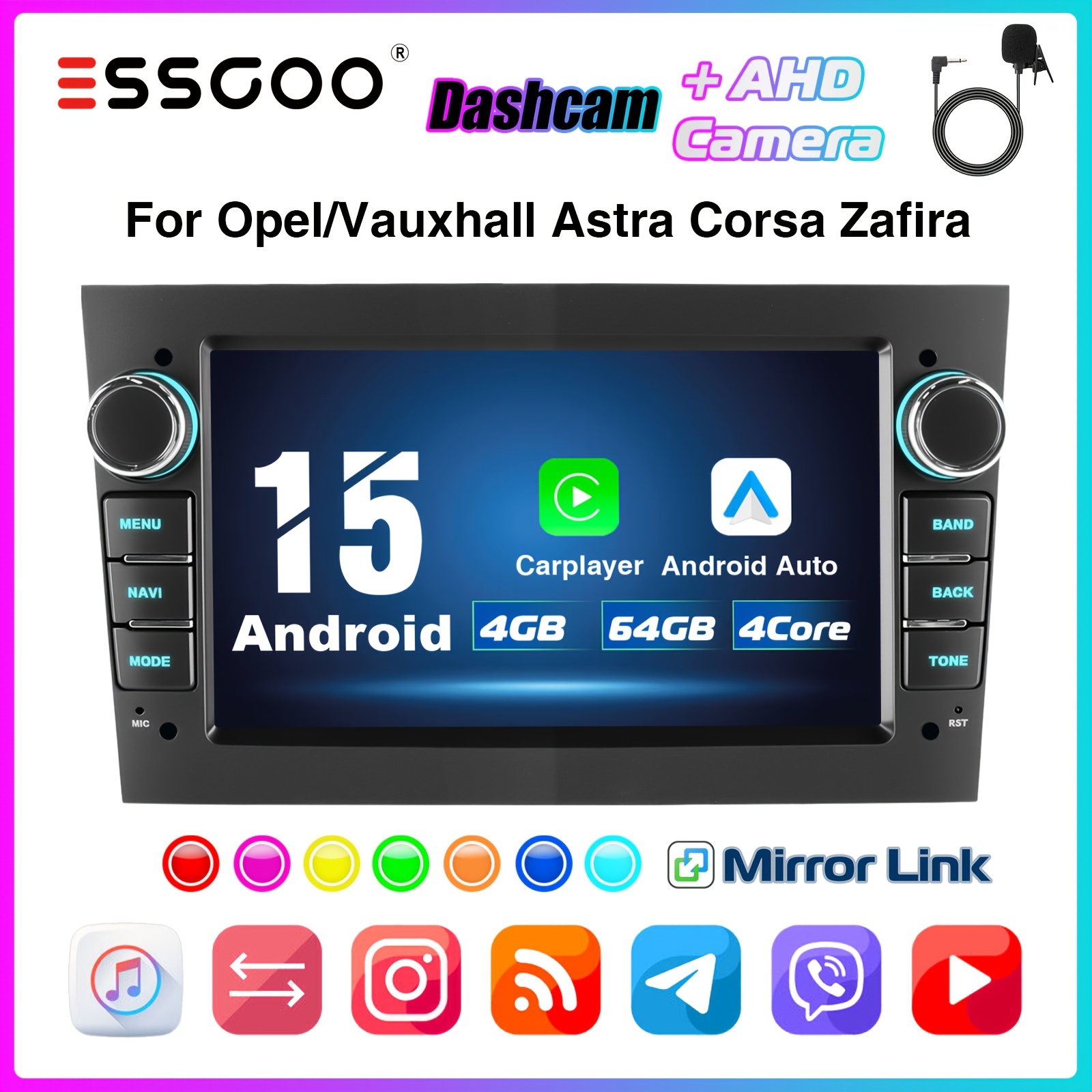Essgoo 15 4+64g Car Stereo Radio For H G C D B Vectra 2 Din 7 Inch Touch Screen With Wireless Carplayer Auto, / Fm Rds/wifi/gps/eq/usb/steering Wheel Control With Extra Mi