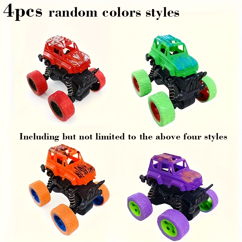 Image of 4pcs Friction-powered Monster Trucks For 3+ | , Double- Cars With 360° Rotation | Durable Pull Back Vehicle Set - Perfect Birthday Gift, Random Color
