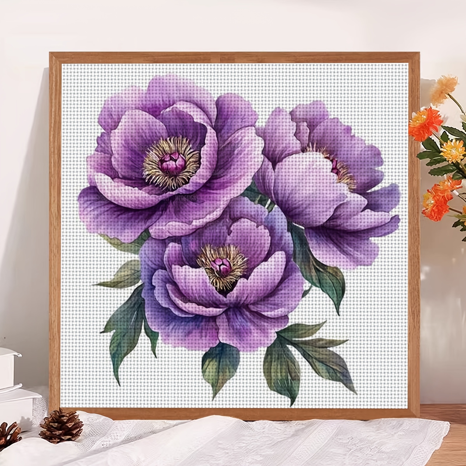 DIY Cross-Stitch Printed Kit with Three Purple Peonies
