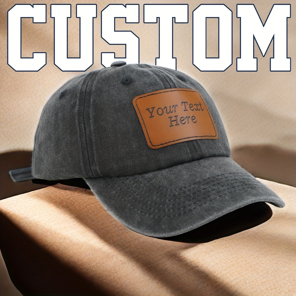 

Custom Vintage Washed Baseball Cap With Square Leather Patch, Personalized Text Option, High-quality Distressed Hat For Casual Wear
