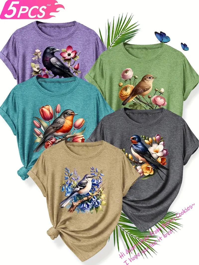 5pcs set of sisters simple and cute animal plant flower pattern printed elegant womens spring summer and autumn round neck short sleeve t shirt multi color s xxl Product details 0