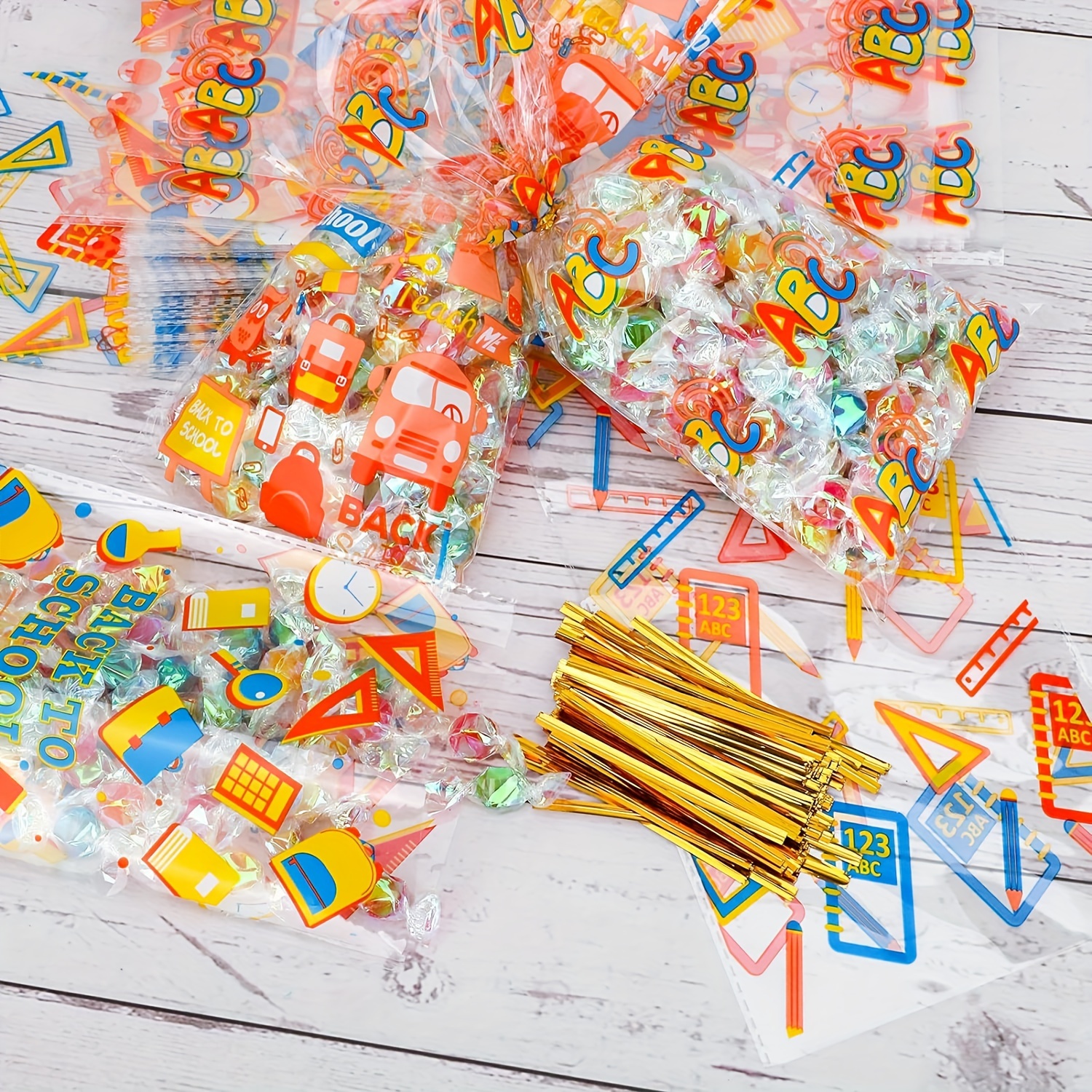 100pcs Back To School Party Cellophane Bags, Clear Candy Cookie Treat Bags  With Twist Ties For Bakery Biscuit Chocolate Snacks, Holiday Goody Bags, Ba