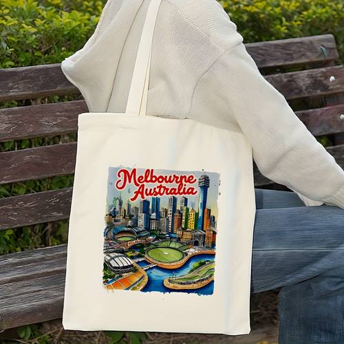 1pc travel bag large tote with melbourne cbd river square design shopping work vacation purse durable polyester carryall featuring souvenir gift australian souvenirs gifts cityscape print sturdy construction multipurpose carryall