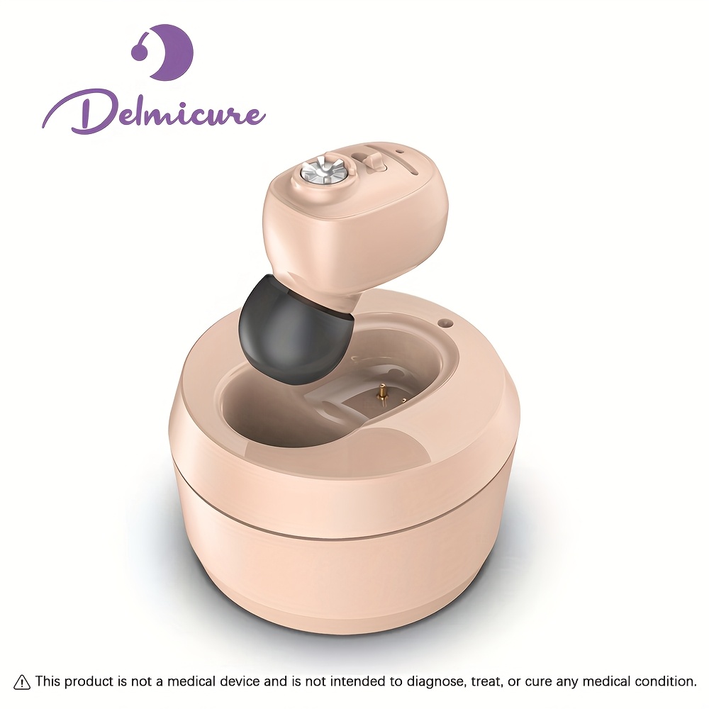 Delmicure Hearing Amplifier with Charging Base for Adult, Rechargeable Sound Amplifier with Memory & Muti-Level Volume Control, Invisible In-The-Ear Sound Device for Home Use, Single Ear Amplifier Device, Pefect Gift for Parents, Ideal for Ear, Beige