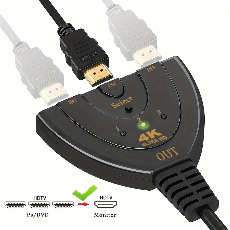 Un appareil de commutation HDMI 3-en-1 pour connecter un boîtier décodeur à un moniteur via un câble HDMI 2.0, prenant en charge une résolution 4K@60/30Hz.