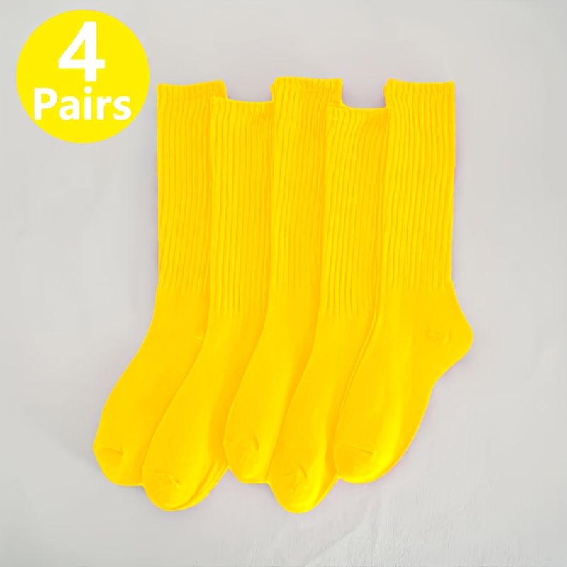 TEMU 4 Paires de Chaussettes Jaune Vif et Frais de Couleur Unie, Douces et Confortables, Polyvalentes, Adaptées à Toutes , Unisexe, Faciles à ,
