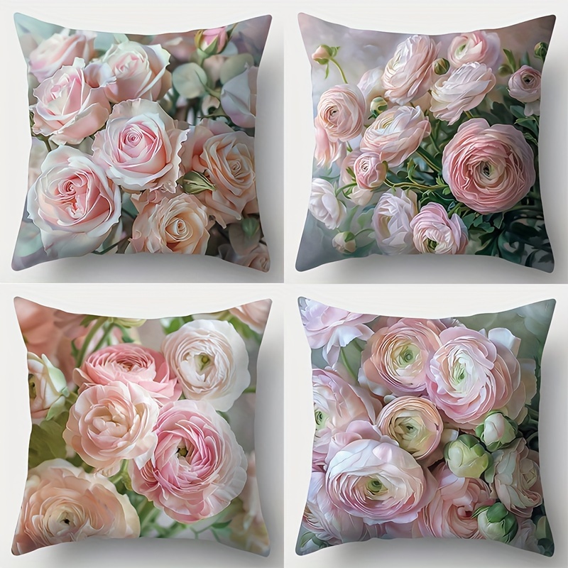 

4-piece Contemporary Floral Throw Pillow Covers Set, 17.72" Square, Zip Closure, Hand Wash Only - Perfect For Sofas, Beds & Home Decor (inserts Not Included)