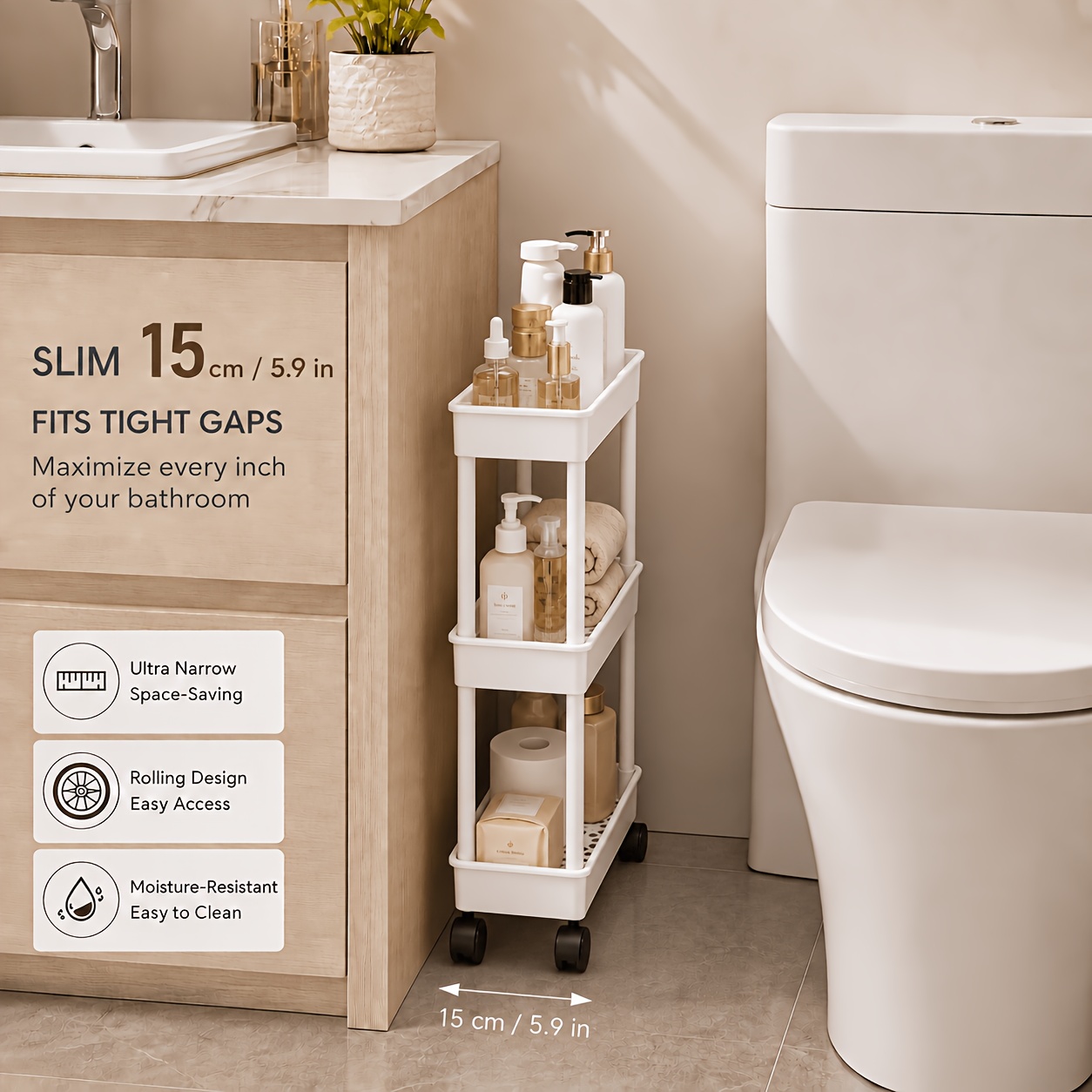 TEMU Carrito de almacenamiento de 3 niveles para espacios estrechos, estante deslizante para baño y cocina, organizador móvil de plástico ultra de 15
