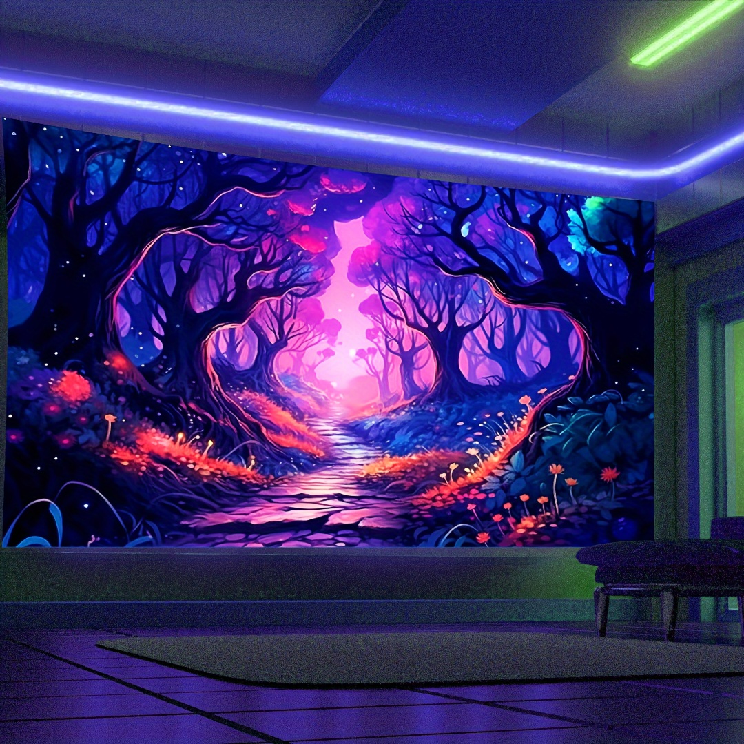 

1pc Mysterious Forest Uv Blacklight Tapestry, Fluorescent Tapestry, Bedroom Aesthetic Hanging Tapestry For Bedroom Office Living Room Home Decor, With Free Accessories