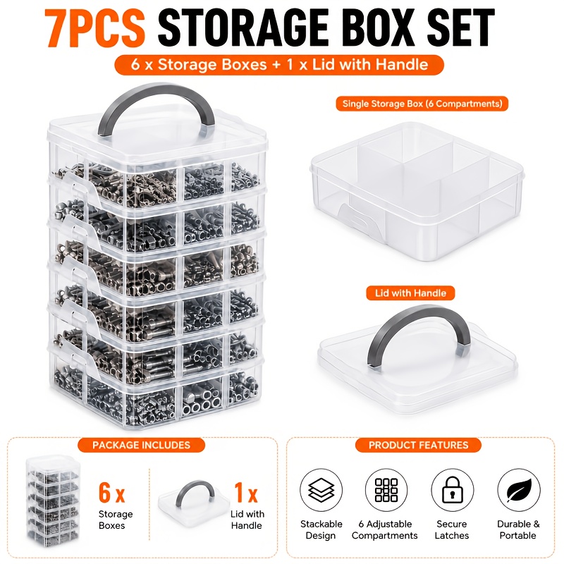 TEMU Set di 7 organizer per attrezzi trasparenti: scatole classificate staccabili a 6 livelli e 1 con �� Design impilabile portatile con chiusura a ,