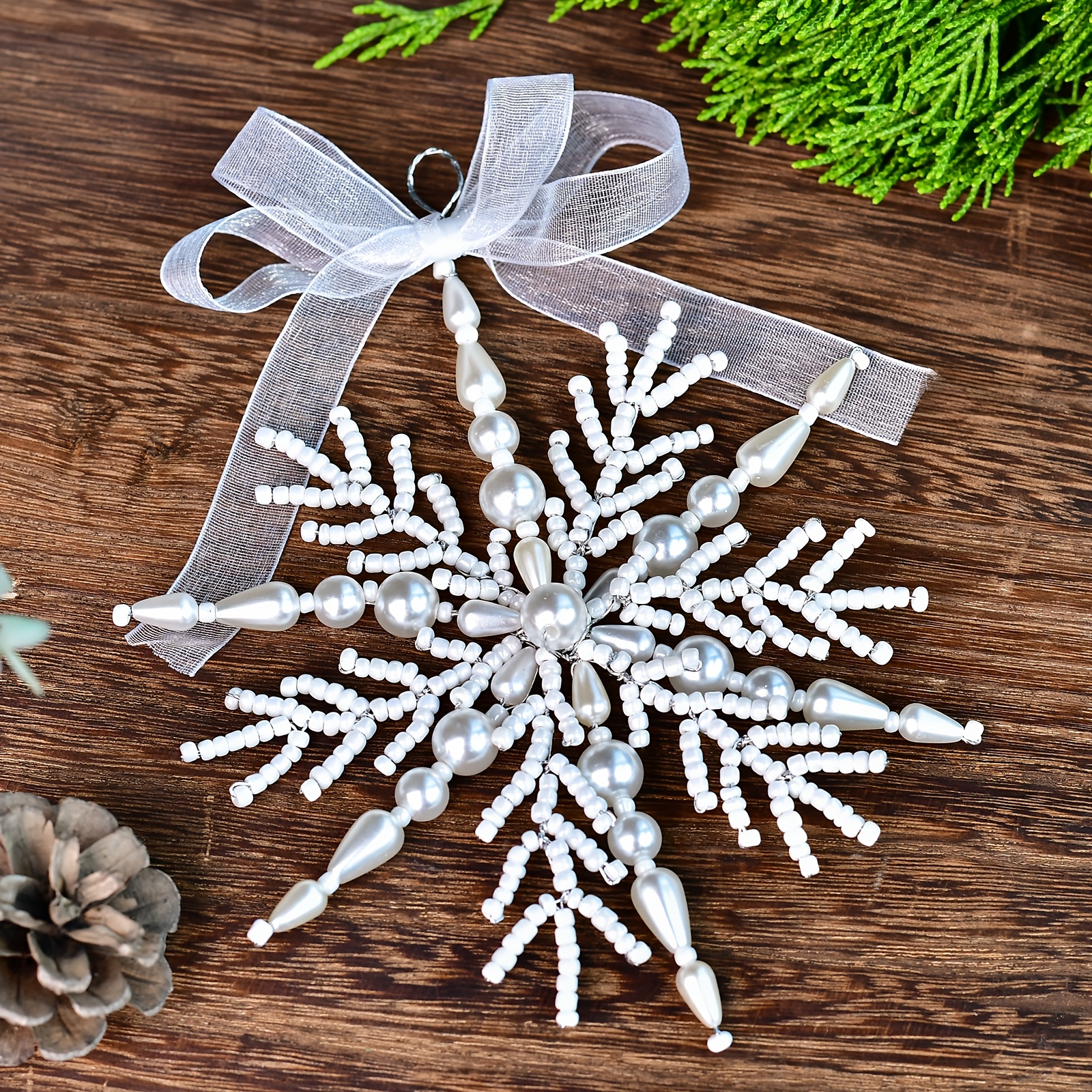 TEMU Ornement de Neige Suspendu pour Sapin de Noël, de Neige à avec Fausses Perles et Nœud Blanc, Décoration Vintage d'Hiver pour Fêtes de Noël,