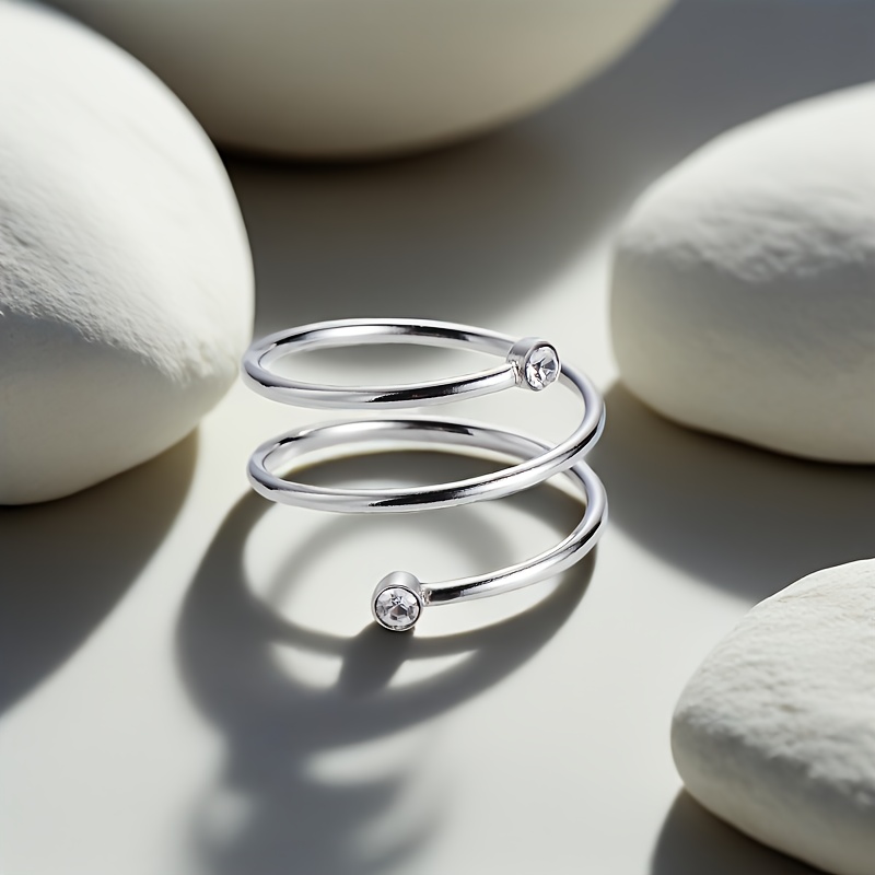 Women's Stainless Steel Coil Spring Ring with Rhinestone Accents