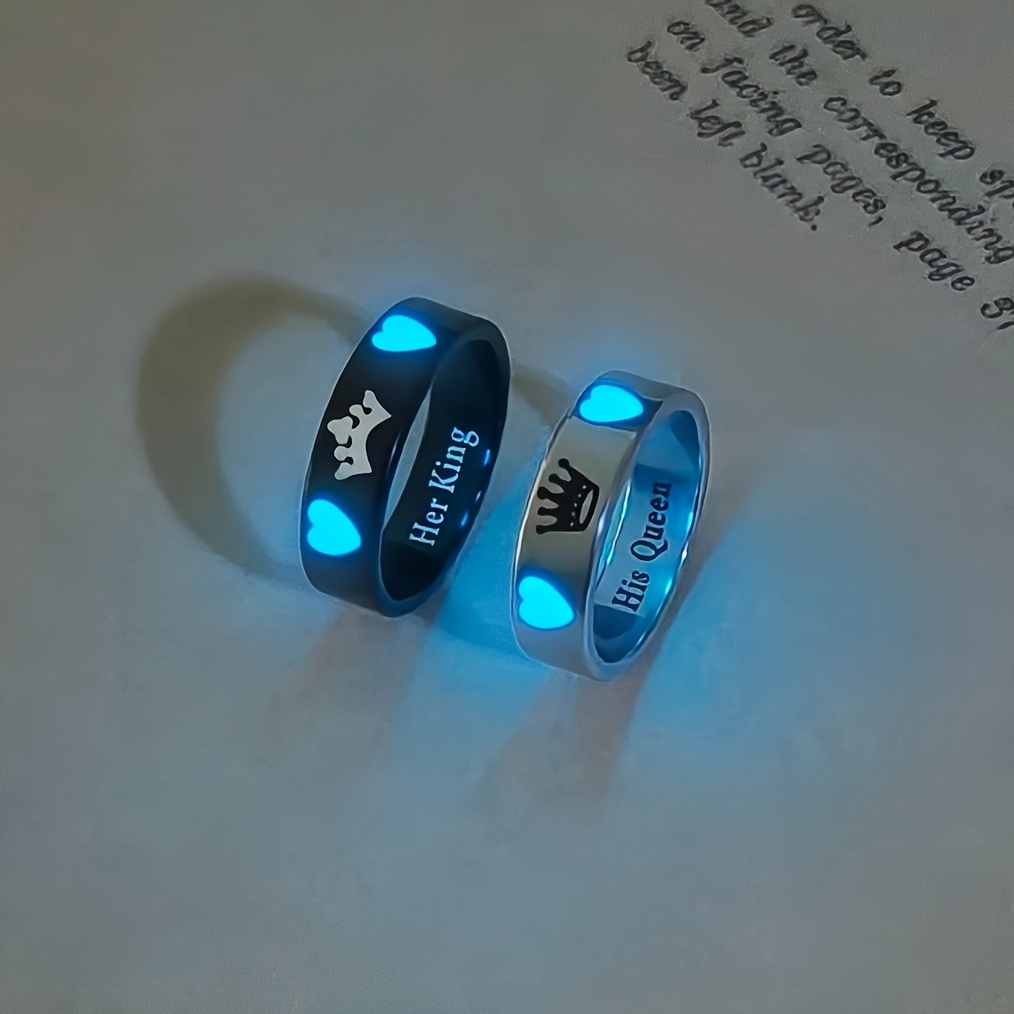 TEMU 2pcs Couple Rings - Luminous Crown Matching Bands, Wedding Promise Rings For Valentine' Gift, Wearable Suitable For Daily Use, No Coating